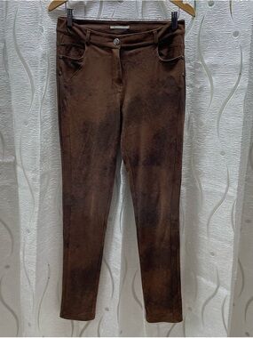 Elora Oxyde Trousers Women Size 38 Brown Distressed Faux Suede Slim Fit